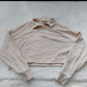 Topshop Cream Polo Sweatshirt 100% Cotton Long Sleeve Crop Top